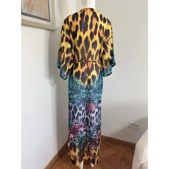 Boho Maxi Kimono Kaftan Women Leopard Butterfly Print Sheer Beaded Cover Up L/XL - Picture 8 of 16
